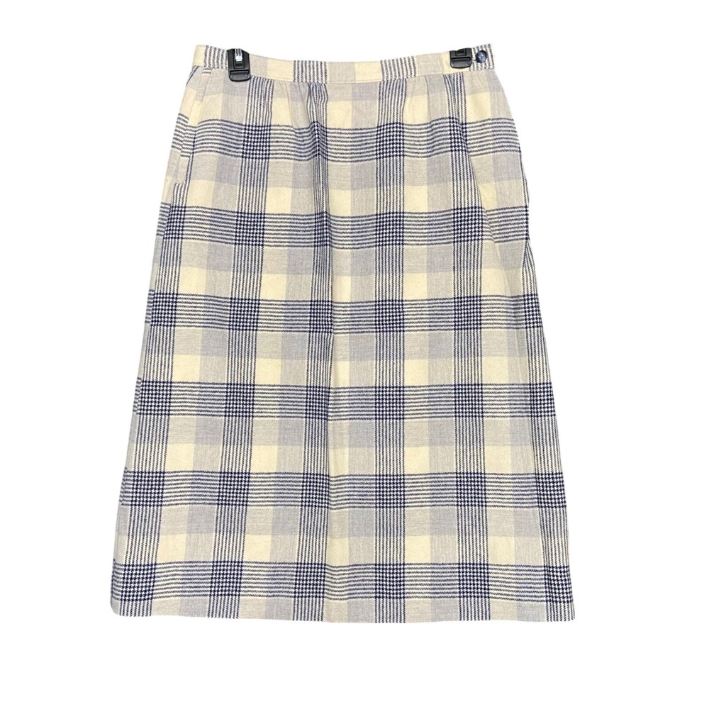 VTG Pendleton Pure Virgin Wool Plaid Skirt S Knee Length Pencil Beige Blue *READ